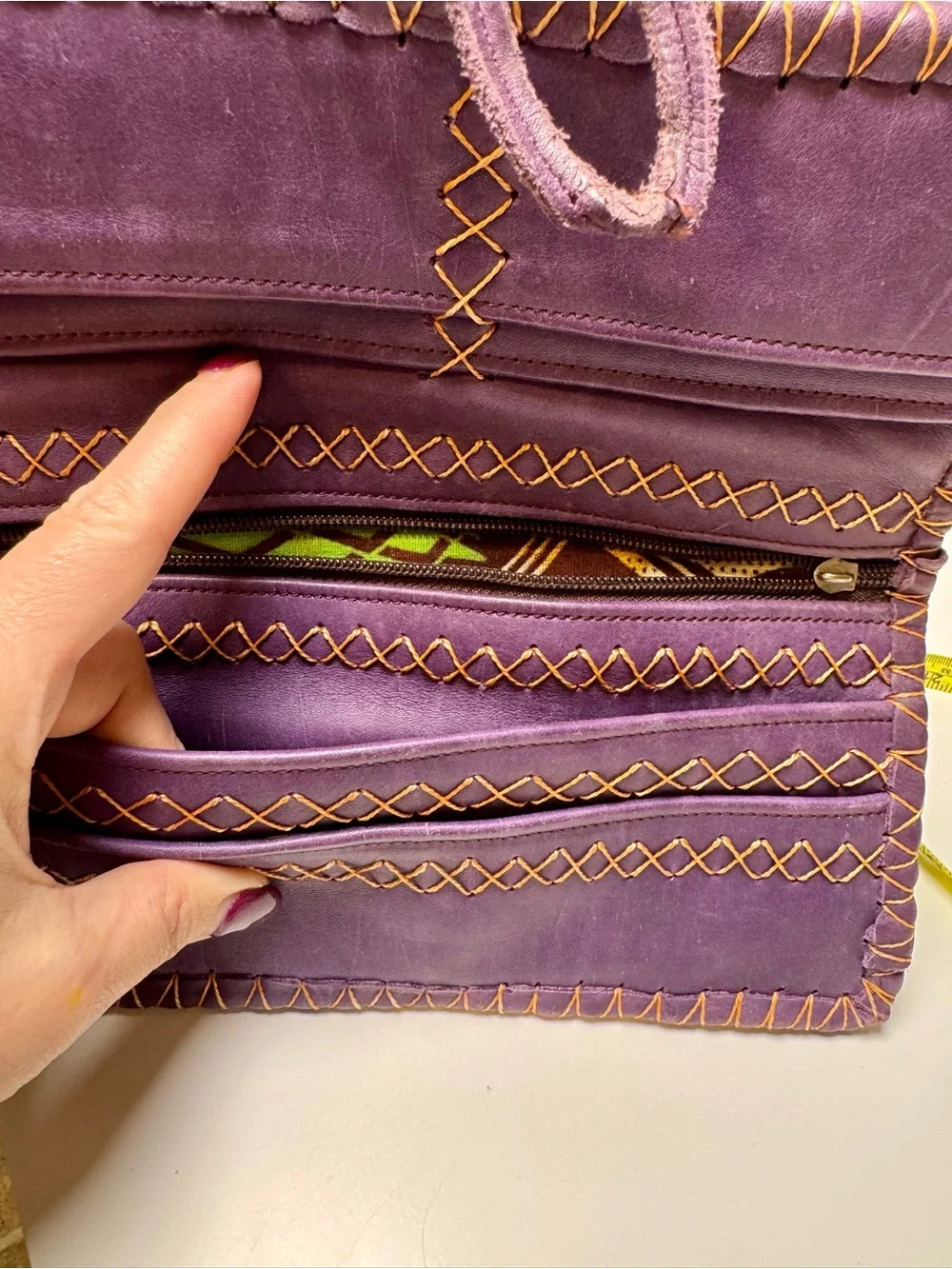 Artisan Handcrafted Beaded Purple Leather Women's Wallet Clutch with Horn Button